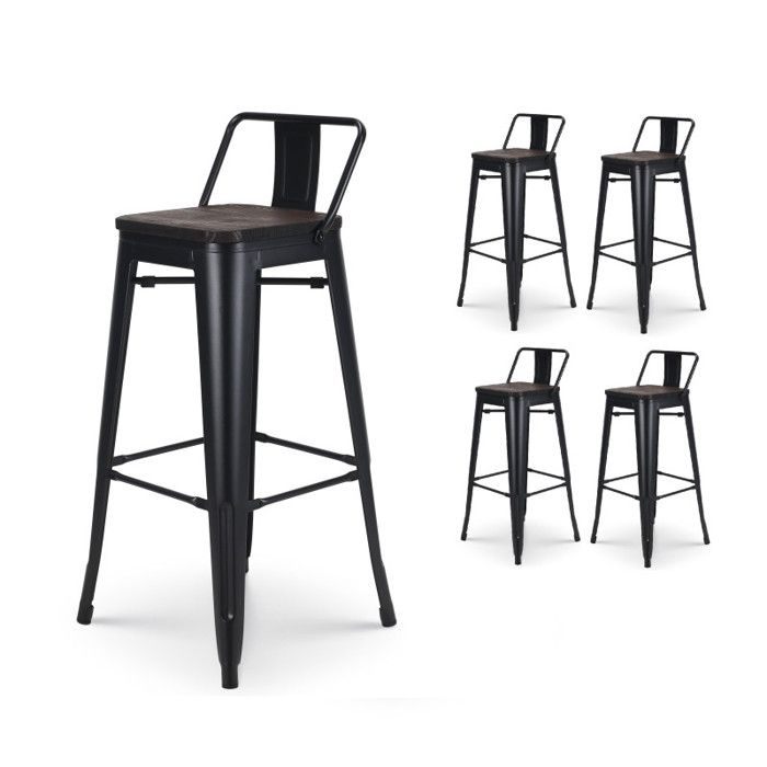 Ja Store Fr Tabouret Industriel Factory Métal Noir Mat Et Assise Bois Hauteur 76cm Lot De 4