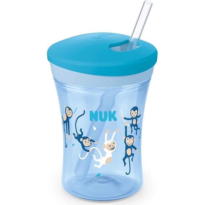 NUK Action Cup Gourde d'apprentissage avec paille souple anti-fuite pour 12  mois et plus sans BPA Motif singe Bleu 230 ml - Cdiscount Puériculture &  Eveil bébé