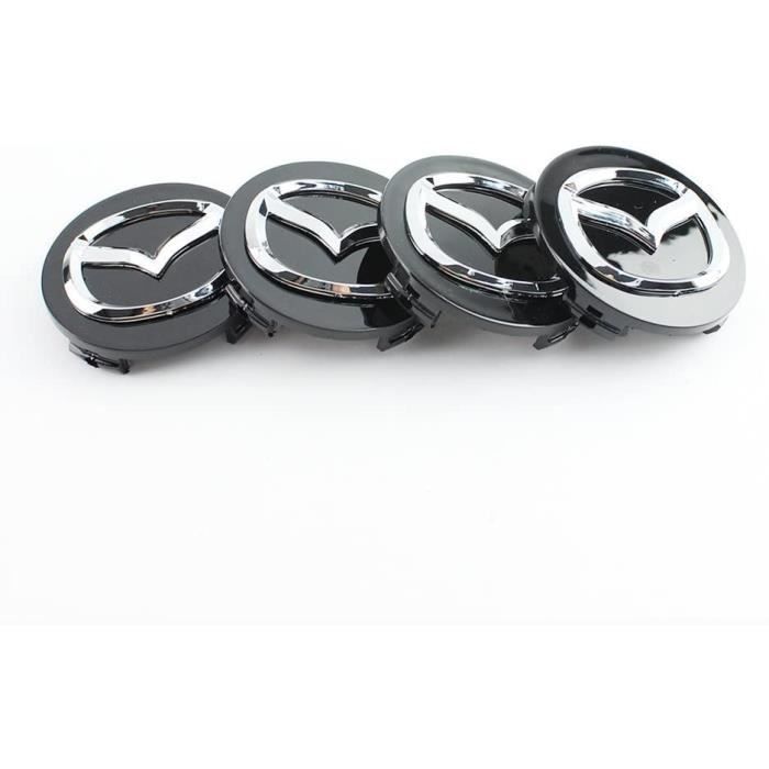 Lot de 4 cache-moyeux de roue Emblème Mazda 56 mm En alliage chromé et en noir