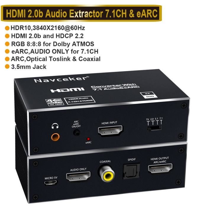 convertisseur Audio numérique convertisseur Audio vidéo répartiteur Audio HDMI répartiteur 3840x2160/60HZ pour téléviseur Modes Bluetooth 5.0 Extracteur Audio 4K Ordinateur Portable 