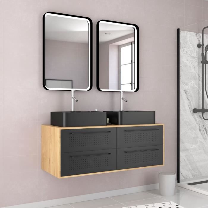 Pack meuble de salle de bain caisson finition chêne naturel + 2 vasques noir mat - UBY 120cm