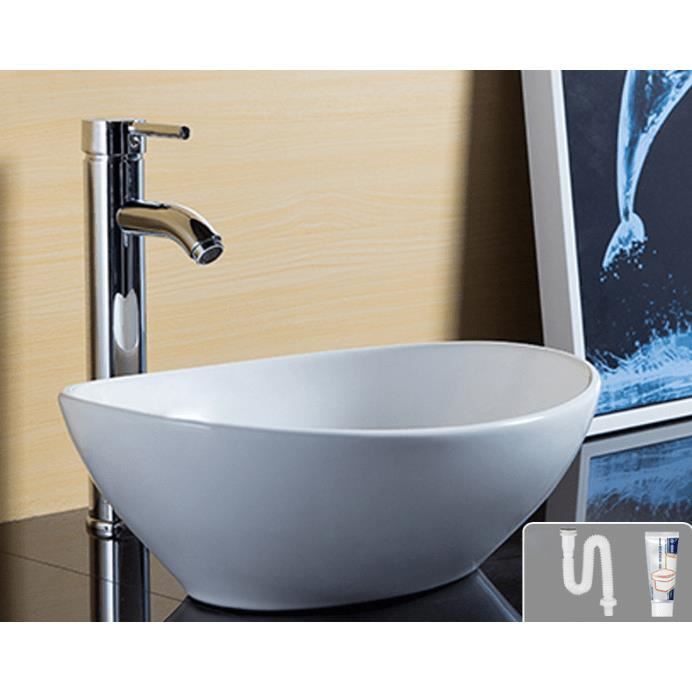 Lavabo-vasque en forme ovale Céramique - Vasque à poser 400*330*145mm - Blanc