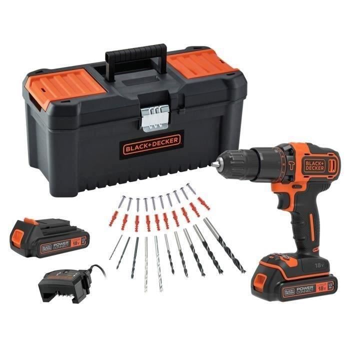 Perceuse visseuse + Decker BDCHD18C2TA QW à percussion 18V 2 batteries