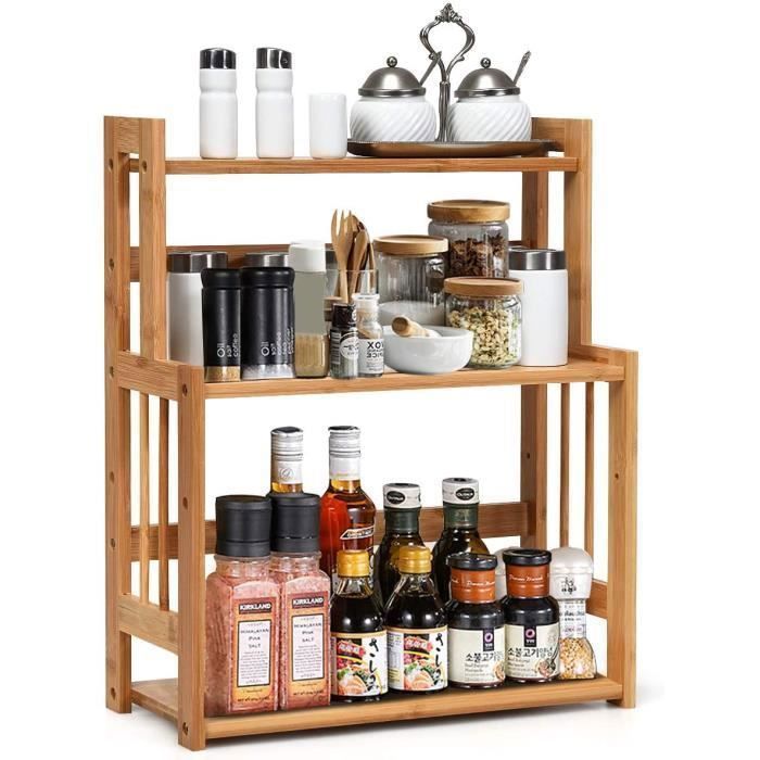 GOPLUS Étagère à Épices en Bambou NaturelPorte-Épice à 3 Niveaux avec Tablette Hauteur RéglableÉtagère de Rangement 415x18x50CM