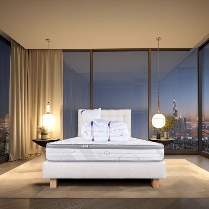 Ensemble matelas Relaxation 26 cm ressorts ensachés ferme réversible+sommier beige ep20cm + oreiller + couette + TDL Ensemble matelas Relaxation 26 cm ressorts ensachés ferme réversible+sommier beige ep20cm + oreiller + couette + TDL