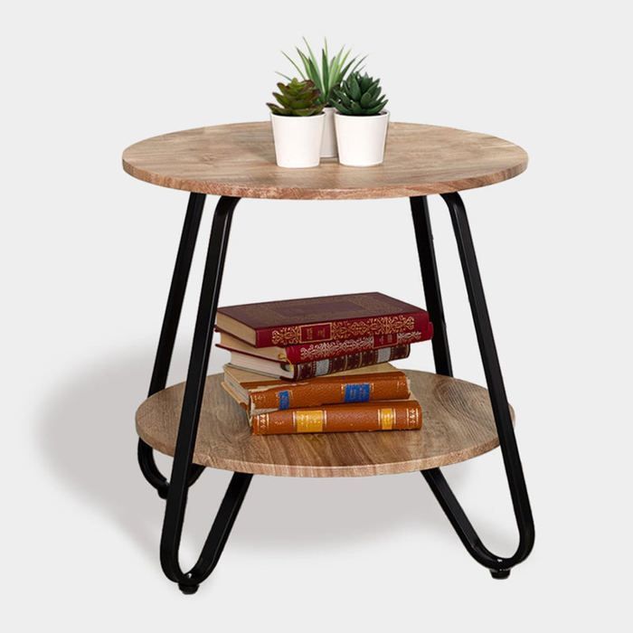 MEUBLES COSY Table dappoint ronde à 2 niveaux style industriel en métal noir et bois imitation chêne - KONYA TARRANT