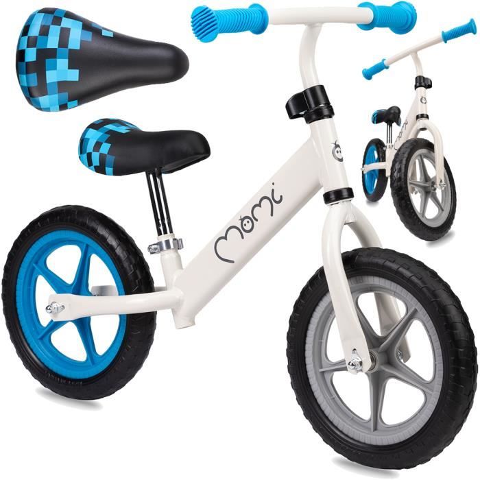 MoMi FLEET Velo Bebe Draisienne reglage de la hauteur sans pedales 12 roues style sportif Beige bleu