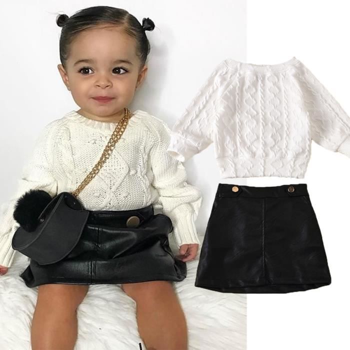 Tout Petits Enfants Bebe Filles Pull A Manches Longues En Tricot Hauts Jupes En Cuir Tenues Ensemble Blanc Blanc Cdiscount Pret A Porter