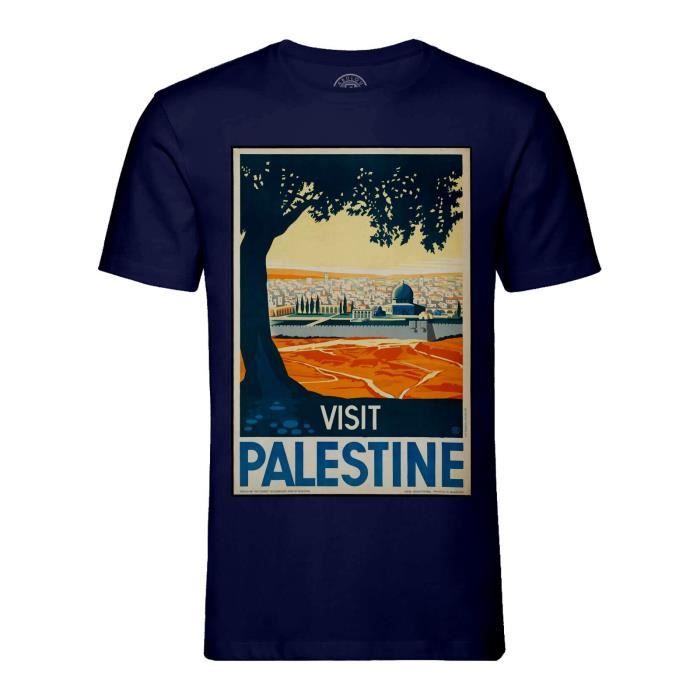 T-shirt Homme Col Rond Bleu Visit Palestine Affiche Poster Vintage Voyage Art Deco 30's