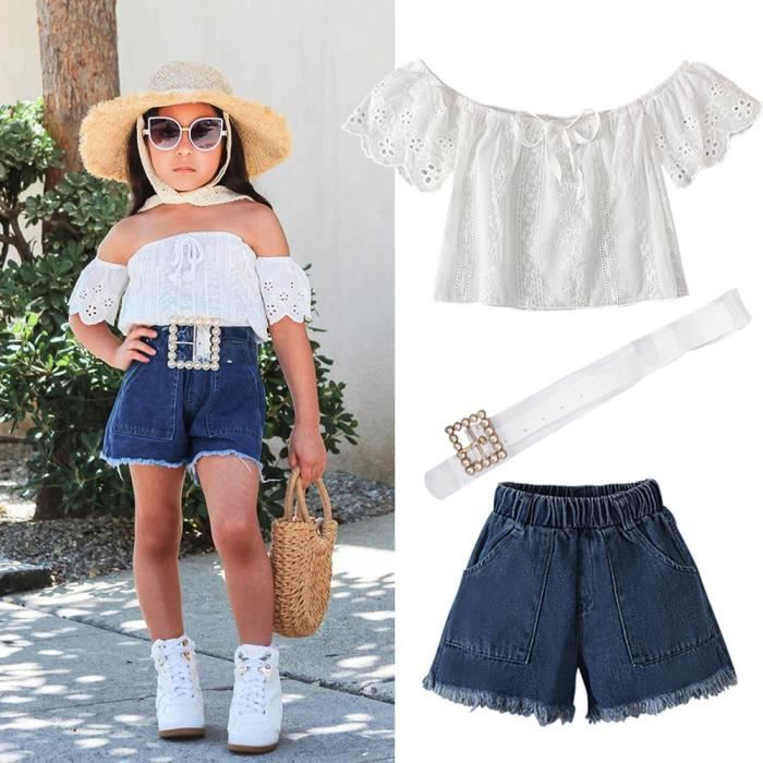 1-6 ans 3 pcs ensemble de vêtements d'été pour bébé fille : haut court en dentelle fleurie + short en jean + ceinture