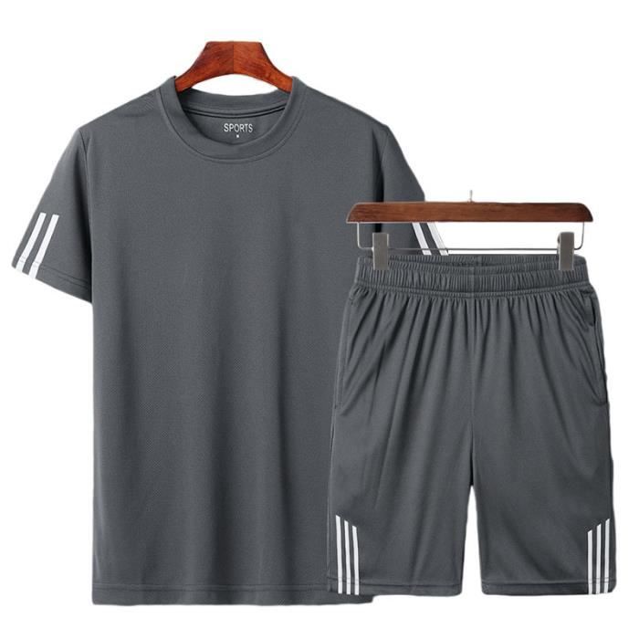 T-shirt et Short Ensemble de Survêtement Homme 2 Pièces, Été Respirant sec Rapide Décontracté Tee Shirt et Shorts Hommes-Gris