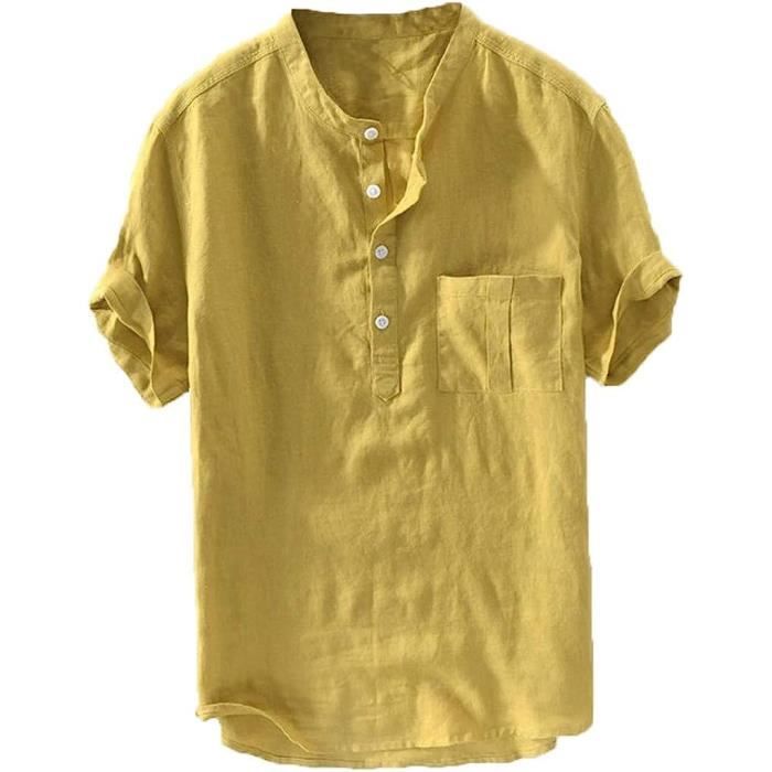 Chemise Homme En Coton-lin – Manches Longues, Col Grand-père, Légère Et Respirante Pour L’été
