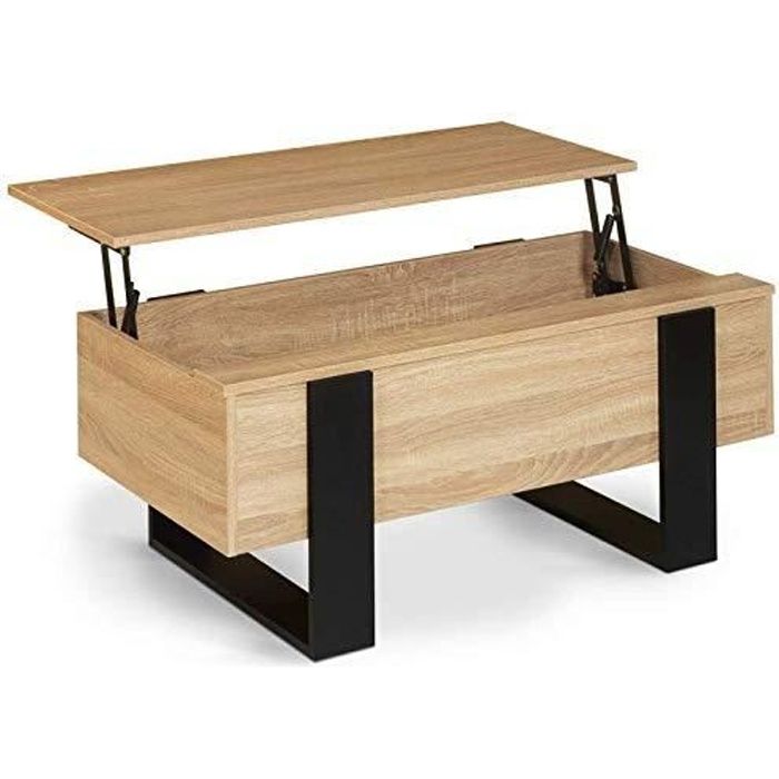 table basse industriel relevable avec meuble rangement intérieur 74,5p x 97,5l x 55,5h centimètres marron noir