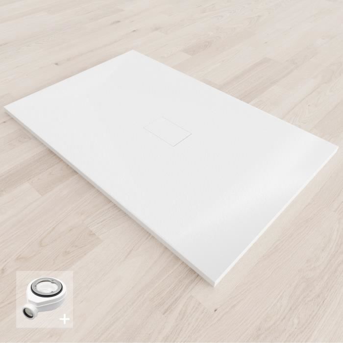 BAYA Receveur de douche extra-plat aspect pierre Blanc 100 x 120 cm + bonde