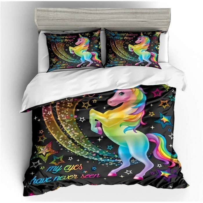 parures de lit licorne enfant 1 personne housse de couette licorne branche d olivier fleur arc en ciel etoile 220x240 cmbt521482lico cdiscount maison