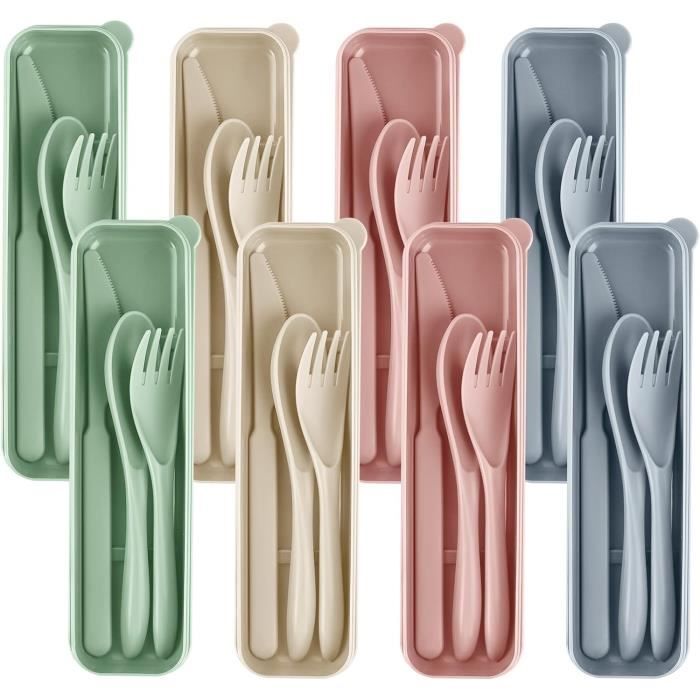 Ensemble De 4 Couverts Portables En Plastique Avec étui - Fourchette, Cuillère, Couteau - Couleurs Assorties