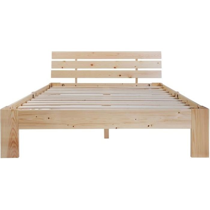 Lit en bois Lit double avec tête de lit en cadre 200 x 140 cm Bois massif Naturel