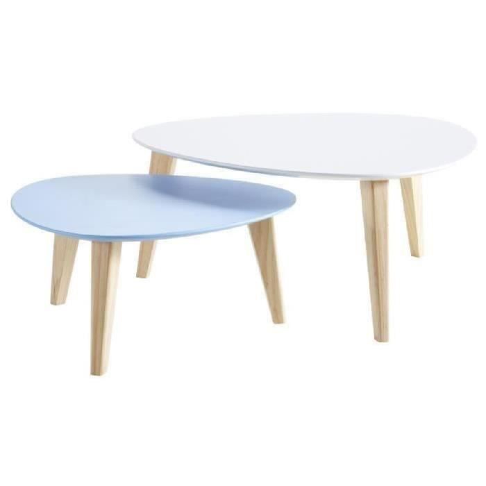 table basse gigogne contemporaine blanc et bleu - demeyere - stone - pieds en bois pin - l 60 - 80 cm