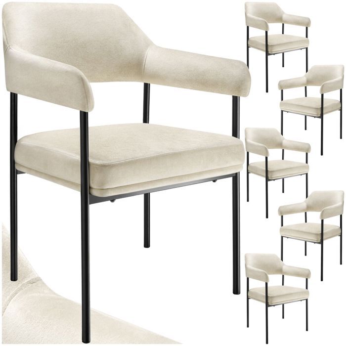 Chaise - TECTAKE - Lot de 6 fauteuils DOÉ aspect velours rembourré pieds en acier et dossier 58 x 62 x 85 cm - Blanc cassé