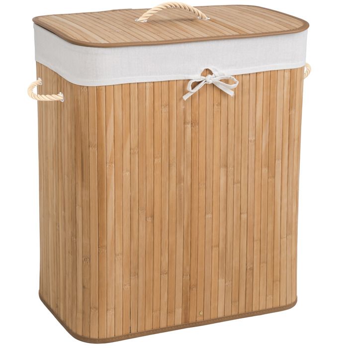 Panier à linge - TECTAKE - Panier à linge 100 L en bambou avec couvercle et sac 53 x 335 cm x 63 cm - Beige