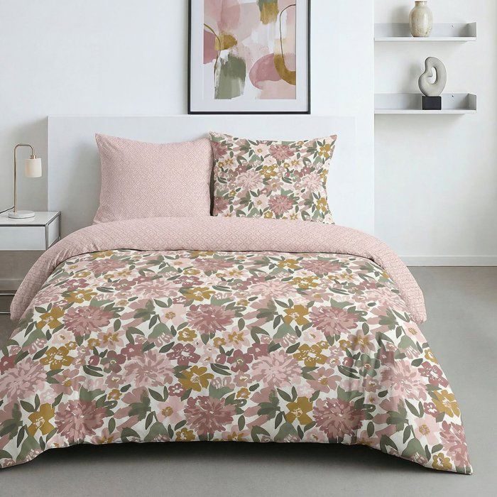 Parure de Lit - 240 x 220 cm - Coton Imprimé Floral Champêtre Rose Poudré - TODAY SUNSHINE