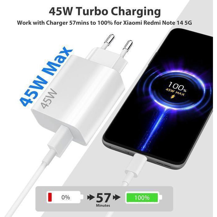 Chargeur Rapide 45W Pour Xiaomi - Câble USB-C 2m Inclus, Compatible Nombreux Modèles