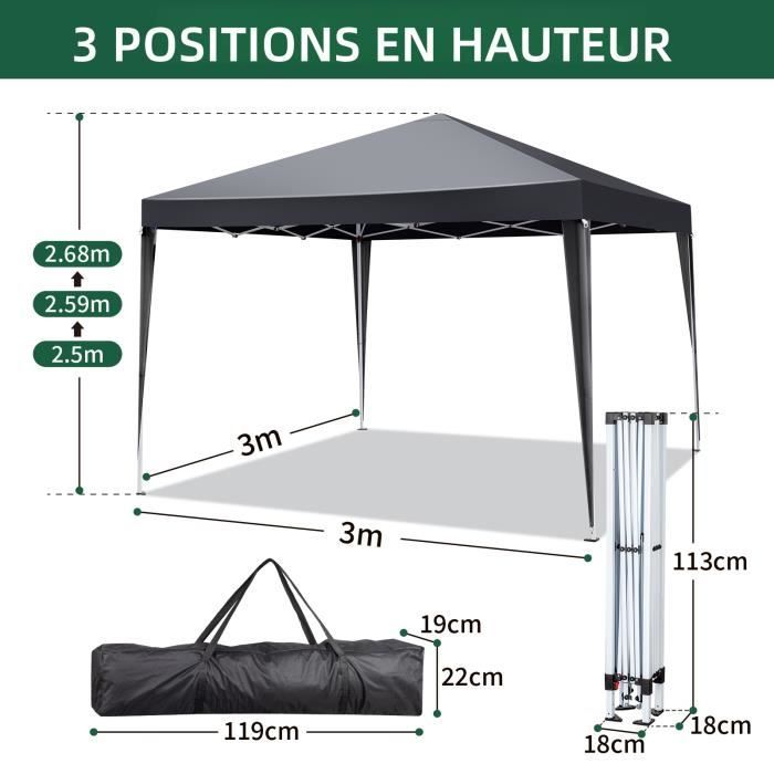 Tonnelle De Jardin Pliante - Tente Pliante - 3 X 3 M - Hauteur Réglable - Tente à Bière Avec 4