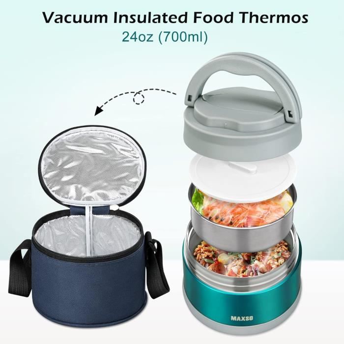 Gamelle Isotherme 1200 Ml En Acier Inox - Conservation Chaud/froid 12h, 2 Compartiments + Cuillère Pliante - école/bureau - 3