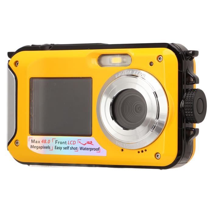 Appareil Photo Numérique Étanche Jaune 2.7K 48MP Double Écran 16X Zoom - Idéal Natation & Vacances