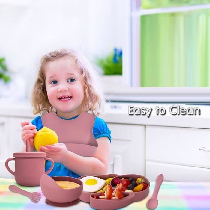 Assiette pour Bébé Set de Table Lot de 5 Silicone avec Ventouse Cuillère  Fourchette Bavoir Sans BPA Assiette Enfant ROSE - Cdiscount Puériculture &  Eveil bébé