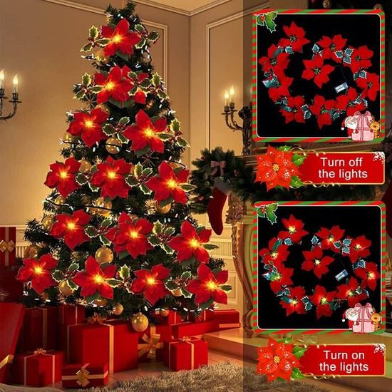 Yunhigh 2,7 m Guirlande de Noël avec lumières à Piles Guirlande Artificielle Poinsettia avec Boule de noël Ornement intérieur pour Balustrade Mantel Porte escalier Rouge