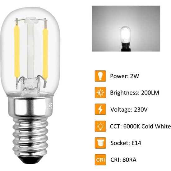 2pcs Ampoule LED E14- Ampoule réfrigérateur LED2W, T22, 200LM, équivalent à  une lampe à incandescence 15W