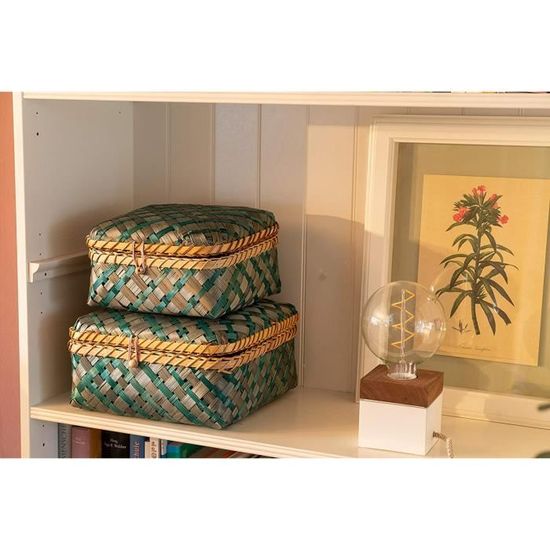 Coffre décoratif avec couvercle bleu vert taille M Decorasian Caisse tressée en bambou