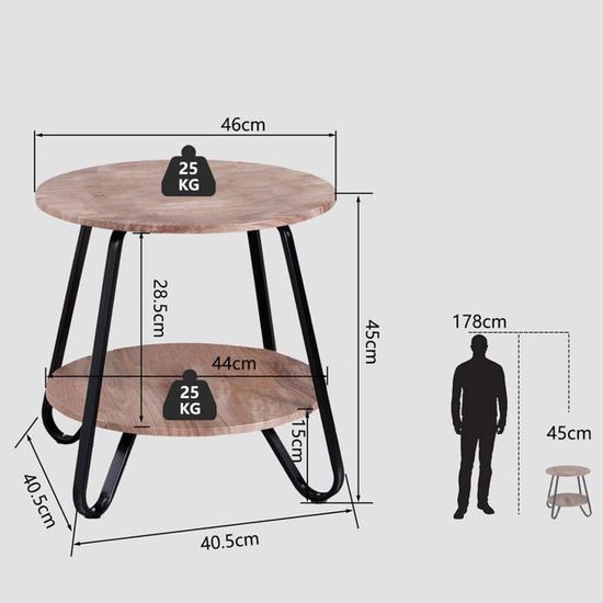 Table D’appoint Coemo Tamy – 2 Niveaux Ronds – Aspect Bois Marron, Cadre Métal Noir – 55 Cm De Haut – Pour Salon, Chambre, Couloir - 5