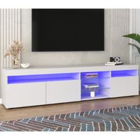 Meuble TV Moderne Blanc avec LED - Étagères en Verre 3 Portes, Meuble Rangement Buffet Salon Brillant - 180x35x45cm