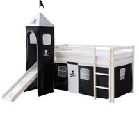 Lit mezzanine 90x200cm avec échelle toboggan en bois blanc et toile noir pirate incluse LIT06154