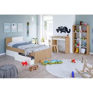 CHAMBRE COMPLÈTE  Chambre enfant complète - TOZA n°1 - Blanc/Chêne - Lit 90x190 cm - Bureau - Bibliothèque