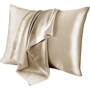 2 Taies D'Oreiller Satin Ivoire 65x65cm - Douceur Soie - Anti-Frisottis Cheveux - Polyester Luxe