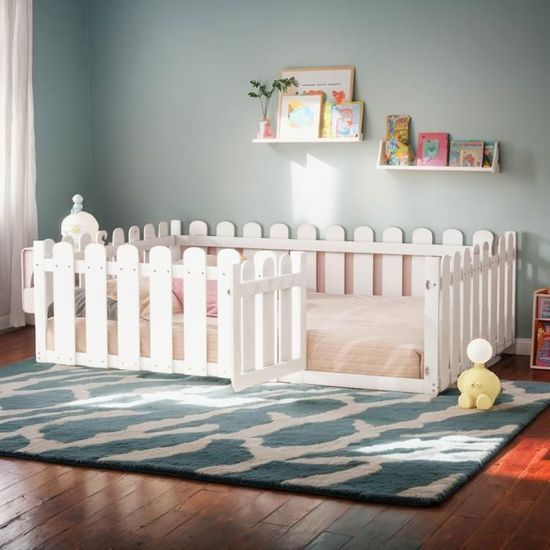 Lit Cabane Montessori Au Sol 140x200cm Avec Rangement - En Pin Massif, Barrières, Tableau Noir - Blanc Ou Gris - Sans Matelas - 8