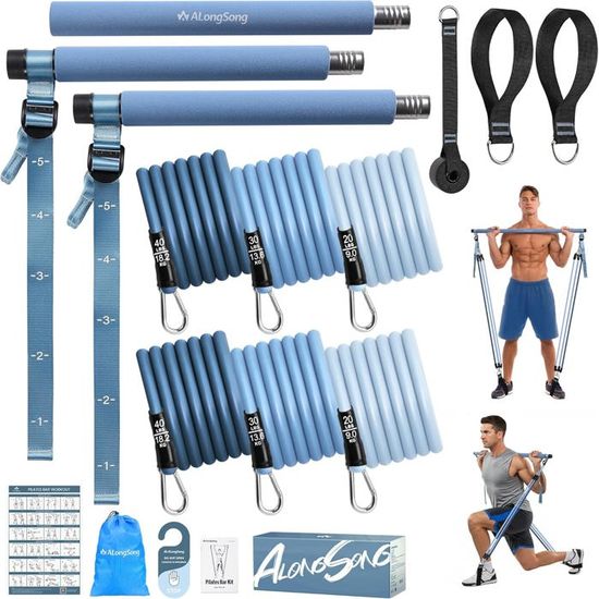 M MOACC Kit Pilates Barre Avec 6 Bandes Élastiques (200 LBS) - Ancrage Porte, Poignées, Cheville - Fitness à Domicile Ou Voyage