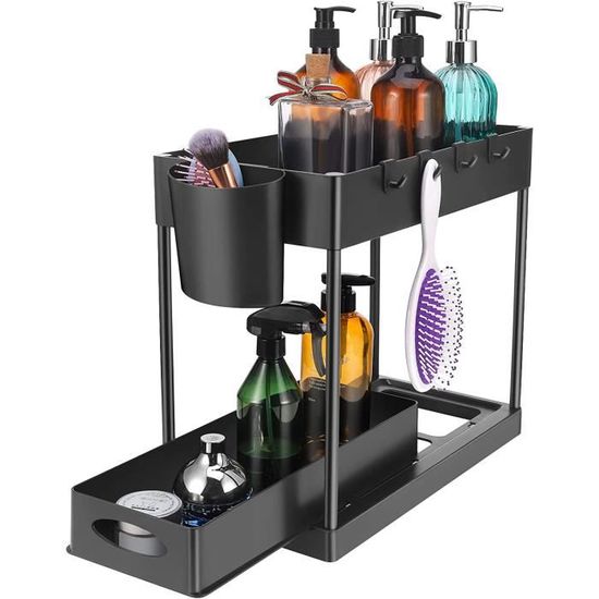 Organisateur Sous évier 2 Niveaux - Acier Et PP - Tiroirs Extensibles - Capacité 10 Kg - Noir - Pour Cuisine, Salle De Bain