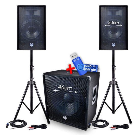 PACK Sono BMS-1812 2400W SUB 46cm - 2 enceintes 30cm + Câbles + Mini LEDSTROBE LytOr