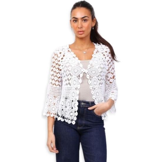 CHICTRY Femme Boléro Dentelle Gilet Court Mariage Manches Elégant Veste Ouverte S-XL Noir Noir