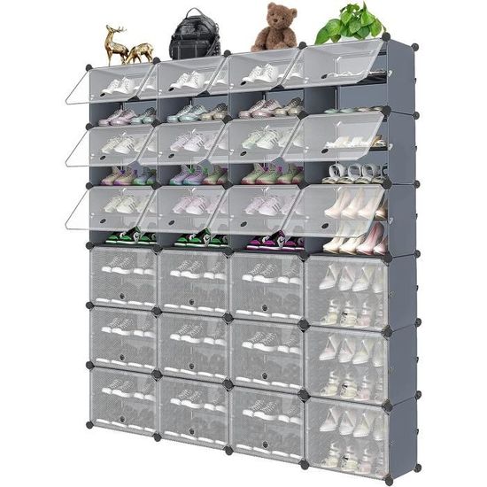 Meuble Chaussure, Rangement Chaussure Avec 10 Compartiments, Empilable, En Plastique, Blanc Noir - Meuble à chaussures