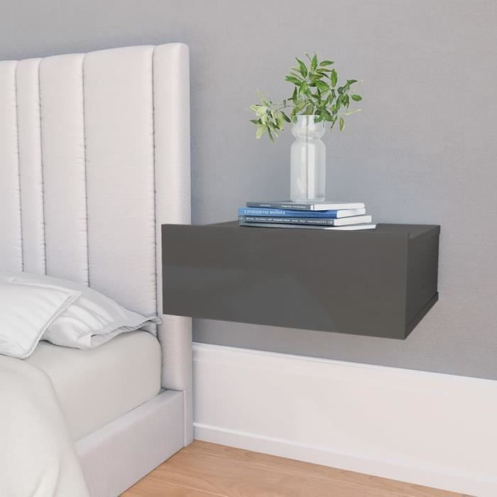 Table de chevet flottante- Gris brillant -40x30x15 cm- Aggloméré -Dotée d'un design élégant et classique