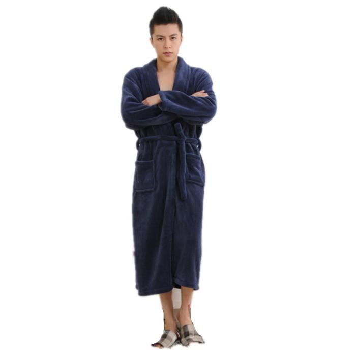 Peignoir Flanelle Pour Homme Doux Épais Bleu foncé XXL