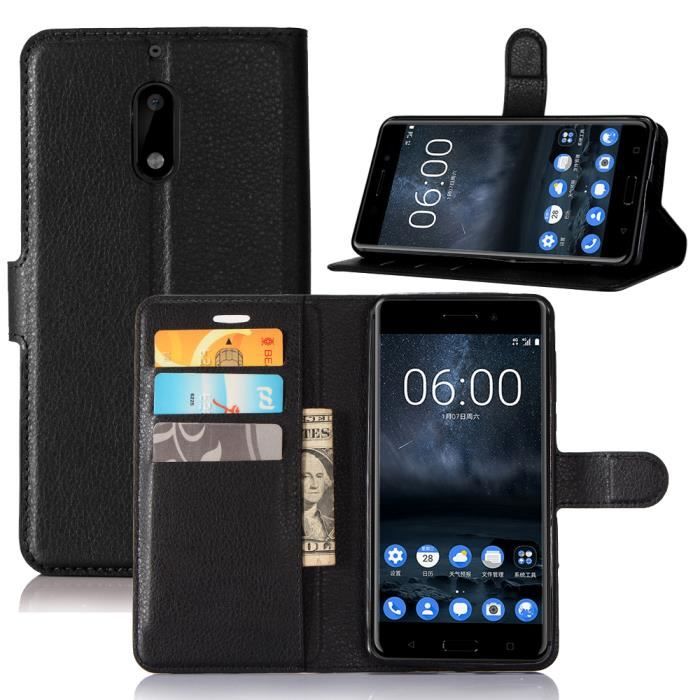 Coque Nokia 6 (2017) Luxe Portefeuille PU Cuir Etui Protecteur Housse avec Fentes et Support de Carte - Noir
