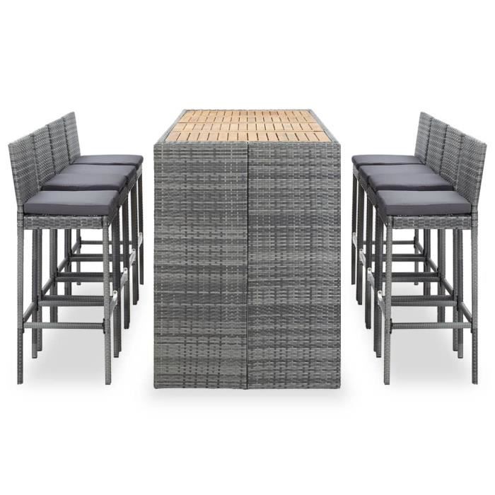 Ensemble Table de bar + 8 tabourets bar - Ensemble de bar Mange-Debout Résine tressée et bois d'acacia Gris