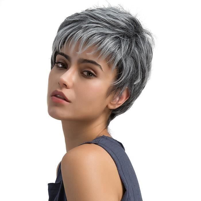 Perruque cheveux courts droite naturelle gris clair mode féminine@Basilesmile937 A55122