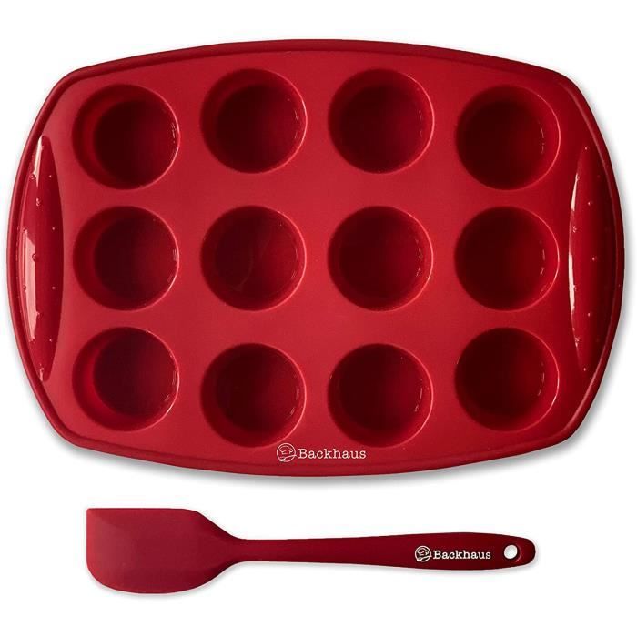 Backhaus Moule à Mini Muffins 12 cavités avec Spatule Maryse, Set à Pâtisserie Anti Adhérent, Moule à Brownie - Cupcake en Silicone
